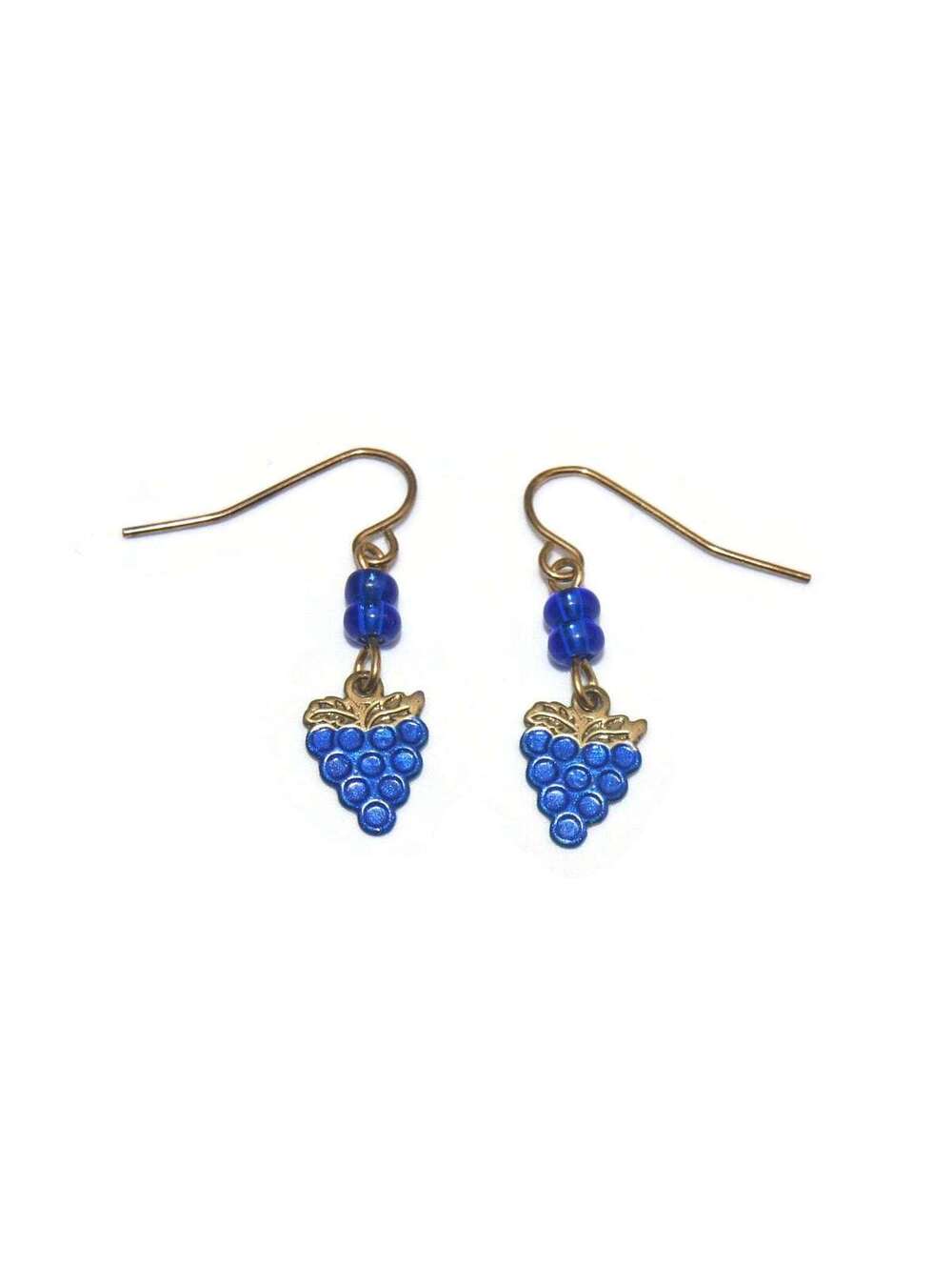 Vintage Gold Tone, Purple Enamel & Purple Beads Bunch of Grapes Dangle Earrings.
